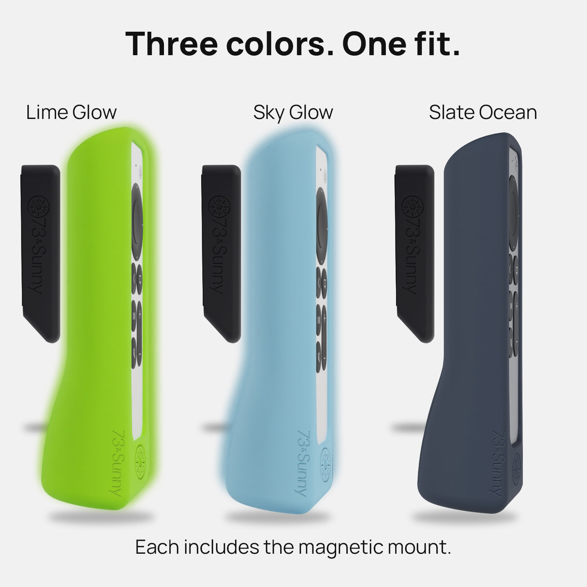 Lime Glow, Sky Glow and Slate Ocean cases side by side, each shown with its black magnetic mount.